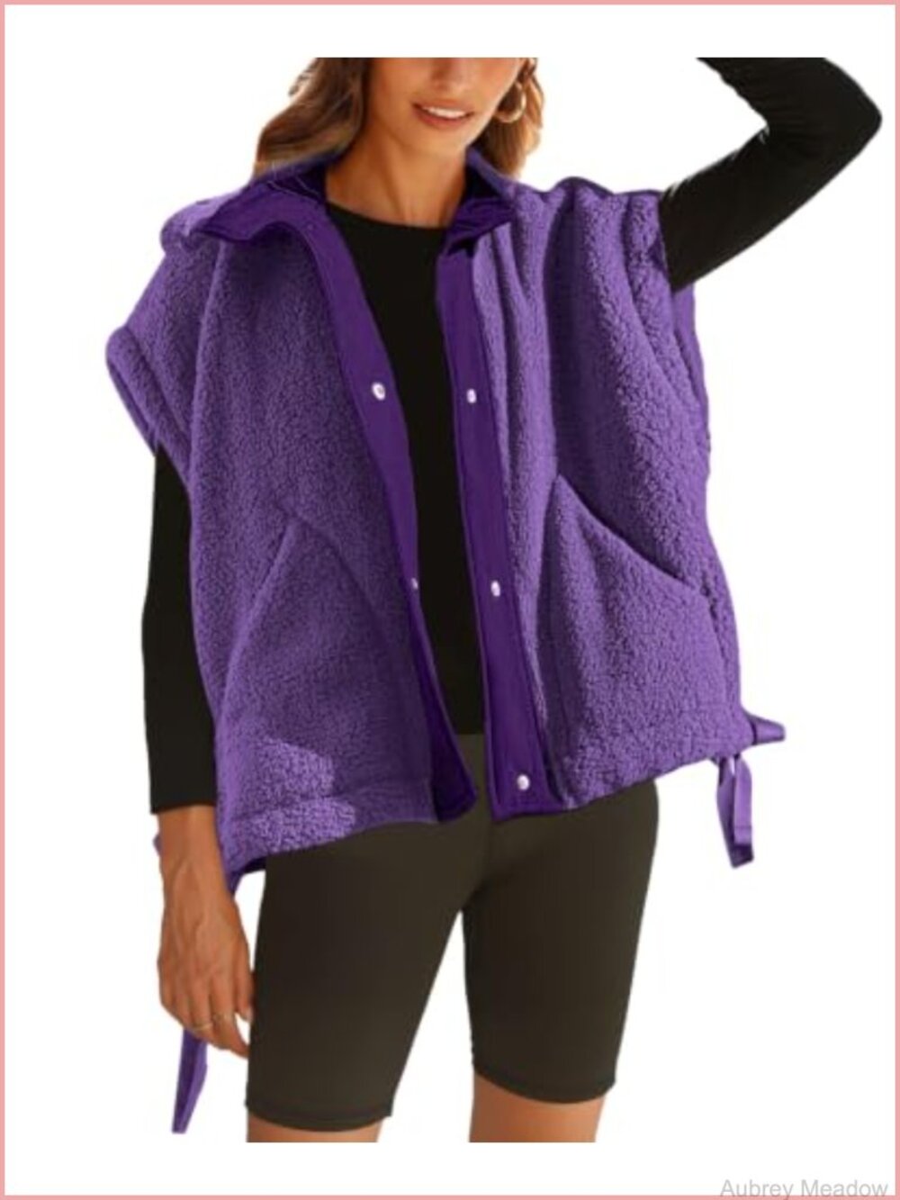 Oversized Fuzzy Fleece Sherpa Vest Button Drawstring Hem Sleeveless Jacket